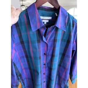 Foxcroft NYC Wrinkle Free Shaped Plaid Shirt Button Warm Colors Ladies 14